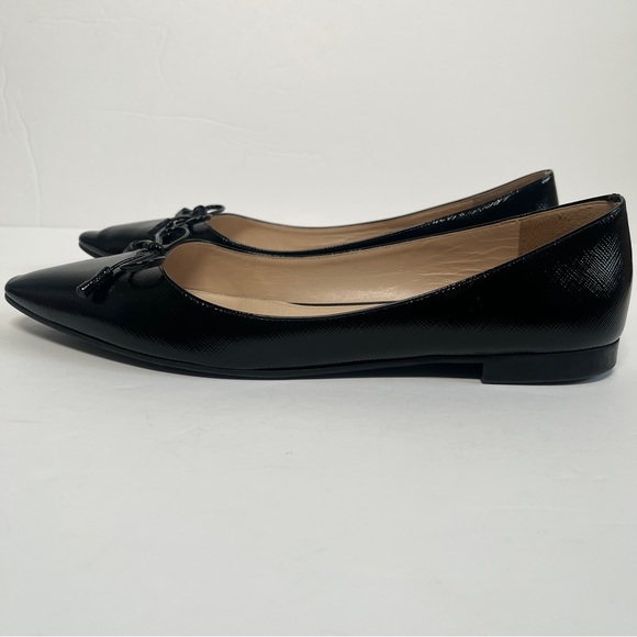 Prada Saffiano Leather Bow Logo Black Pointed Toe Flats - Picture 9 of 14